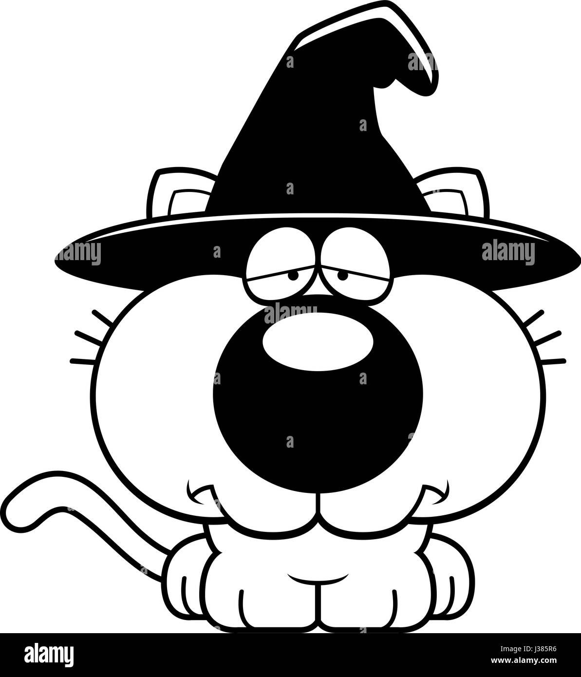 A cartoon illustration of a cat in a witch hat with a sad expression