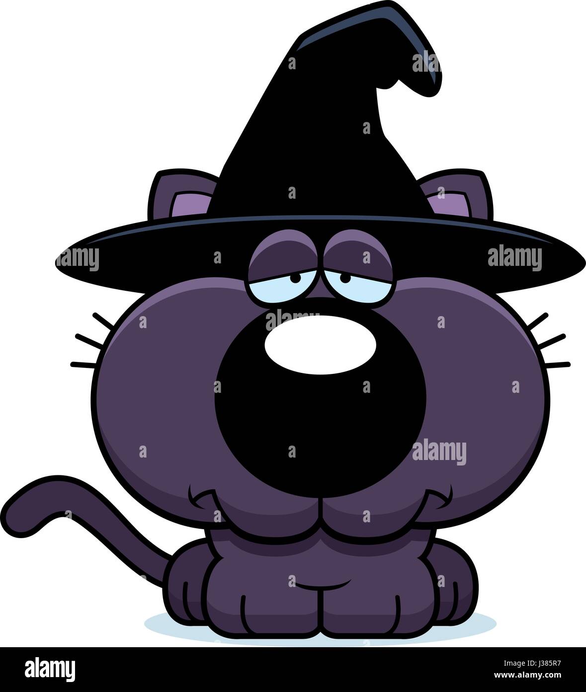 A cartoon illustration of a cat in a witch hat with a sad expression