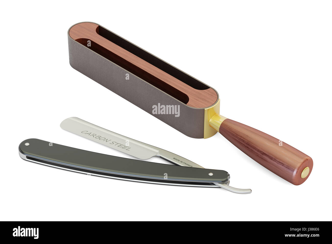 shaving leather razor strop with straight razor, 3D rendering isolated on white background Stock