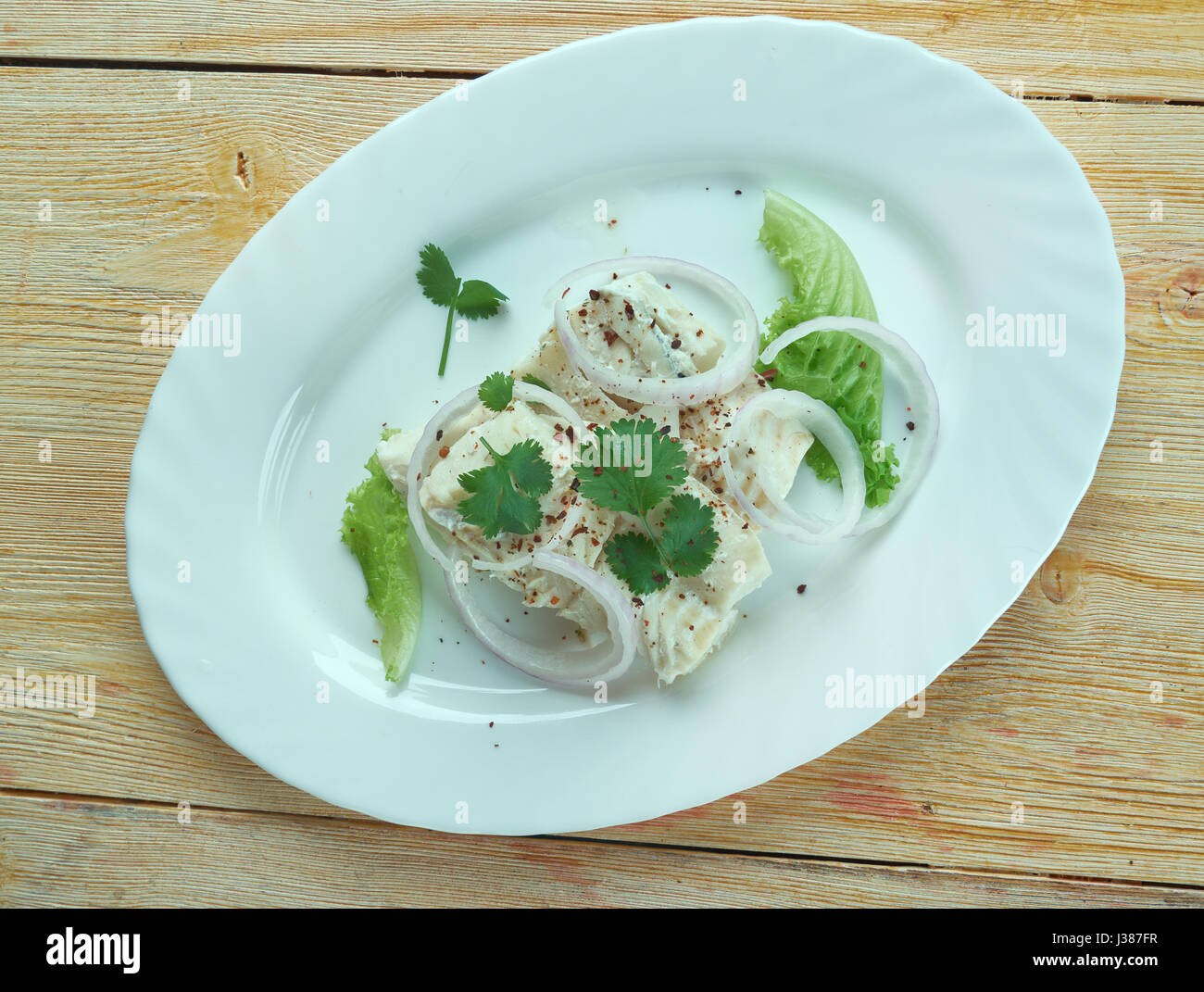Sea bass ceviche on a White Plate. Stock Photo
