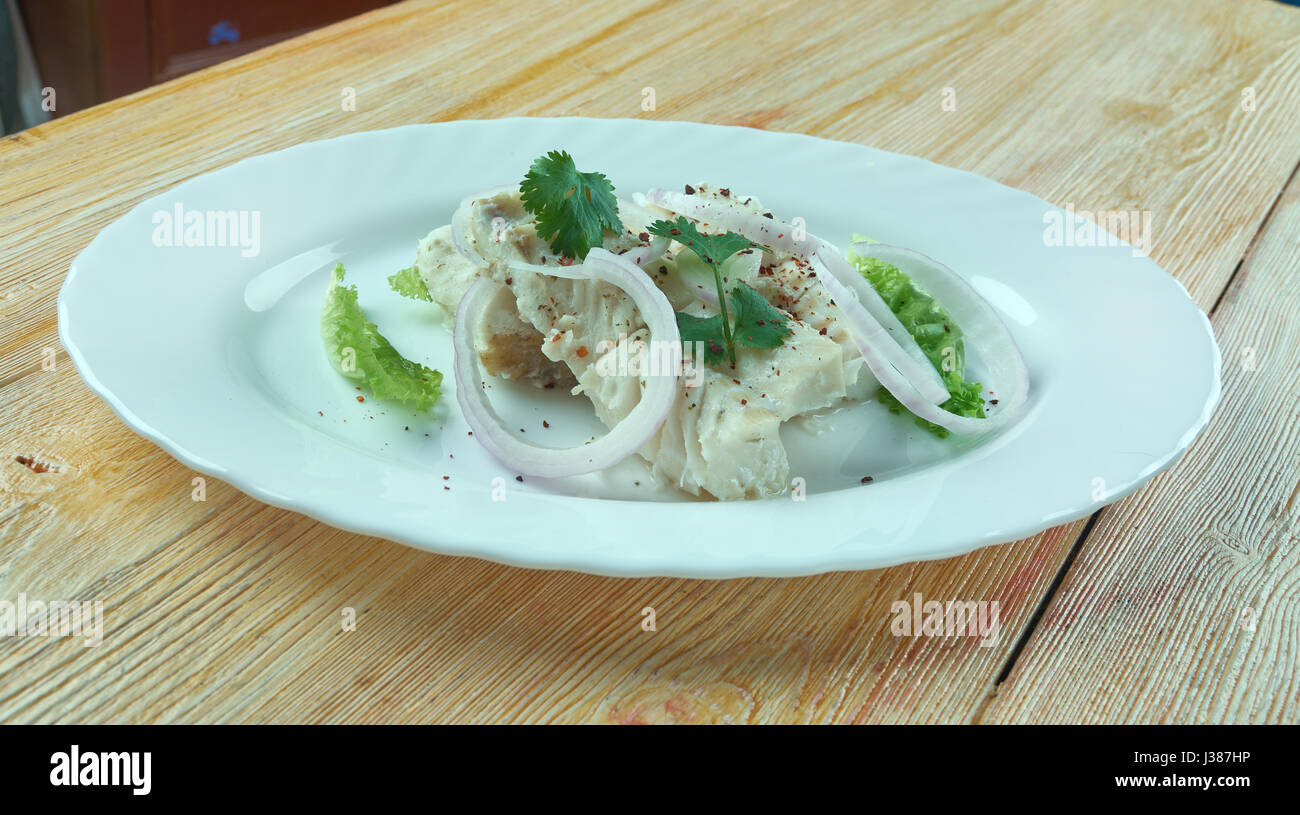 Sea bass ceviche on a White Plate. Stock Photo