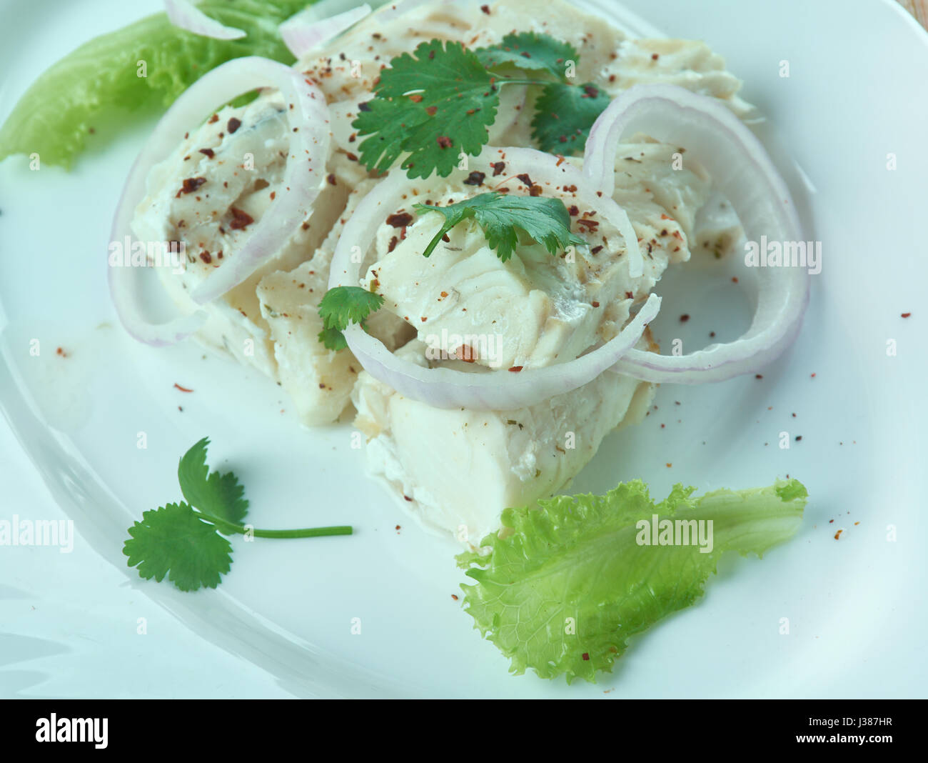 Sea bass ceviche on a White Plate. Stock Photo