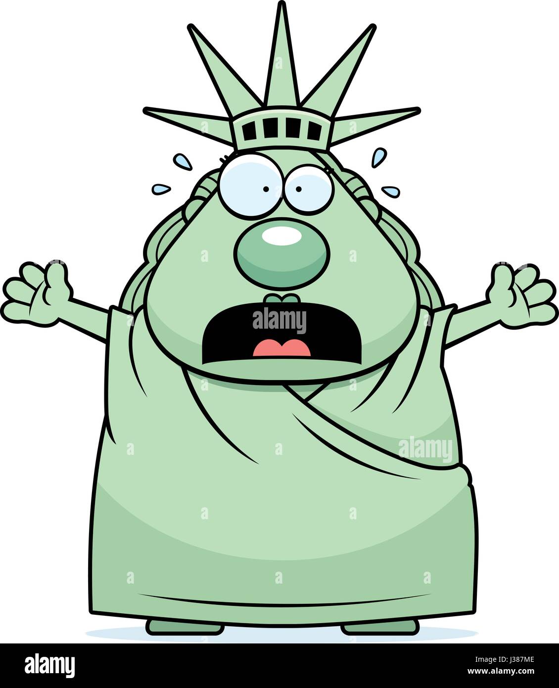 A cartoon illustration of the Statue of Liberty looking scared Stock