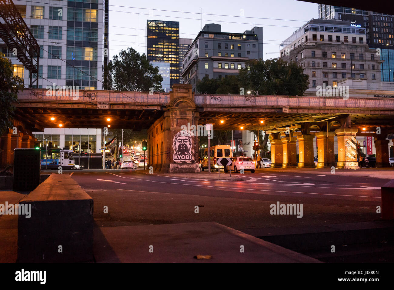 The railway crossing at Queens Bridge in Melbourne Australia Stock Photo