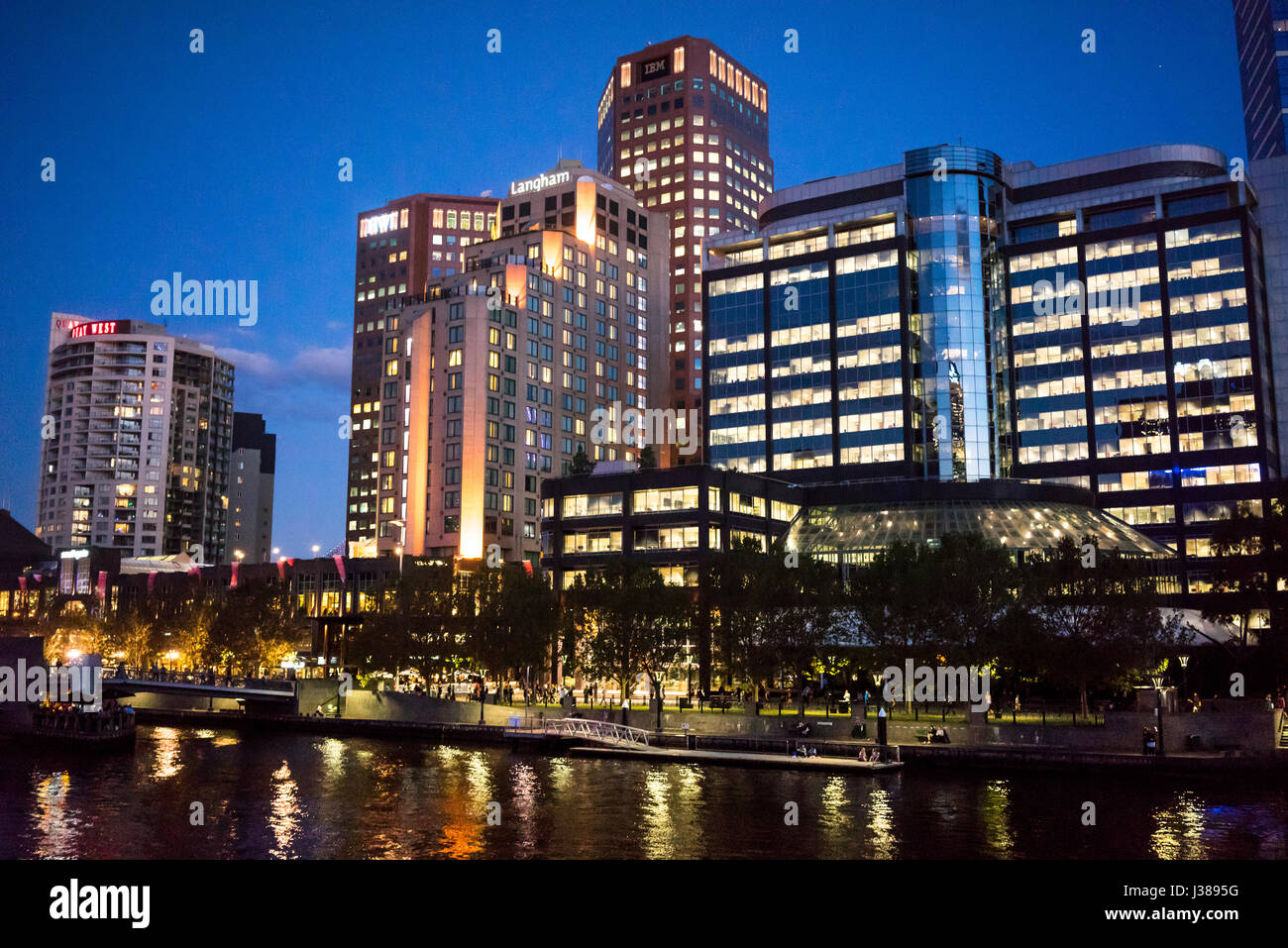 Office buildings in Melbourne Australia on the river Yarra at night Stock Photo