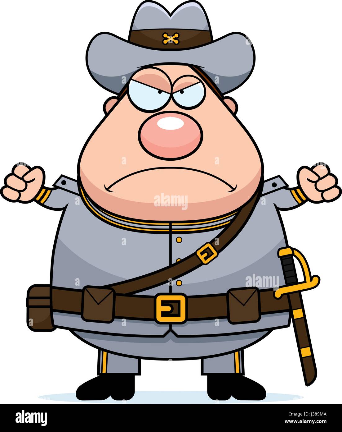 A cartoon illustration of a Civil War Confederate soldier looking angry. Stock Vector
