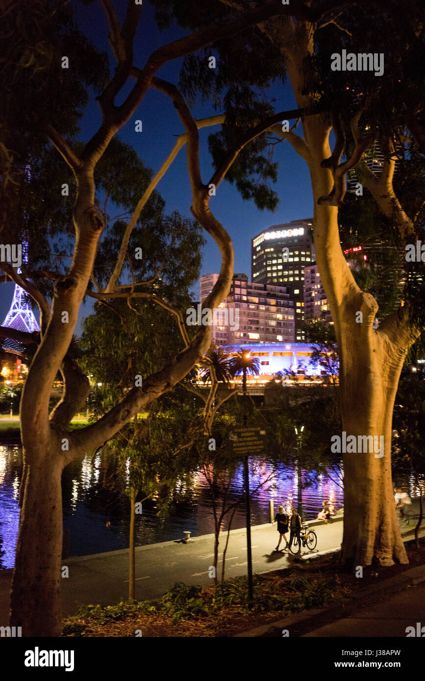 City scene across the Yarra river in Melbourne Australia at night Stock Photo