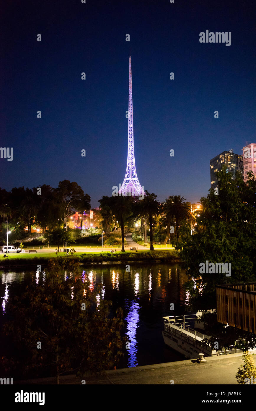 The radio tower in Melbourne Australia beside the Yarra river at night Stock Photo