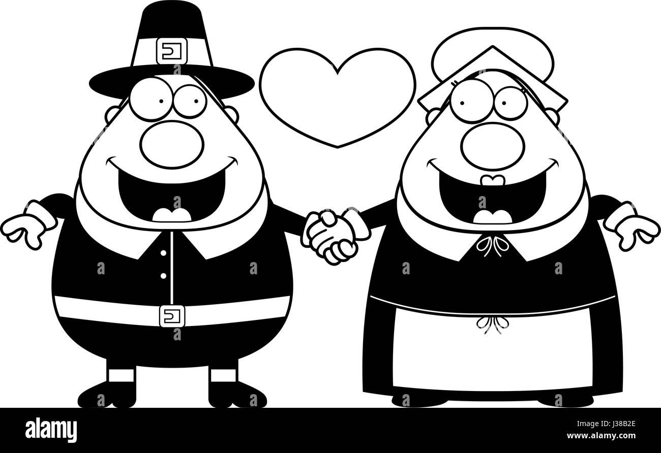 A cartoon illustration of a Pilgrim couple holding hands and in love ...