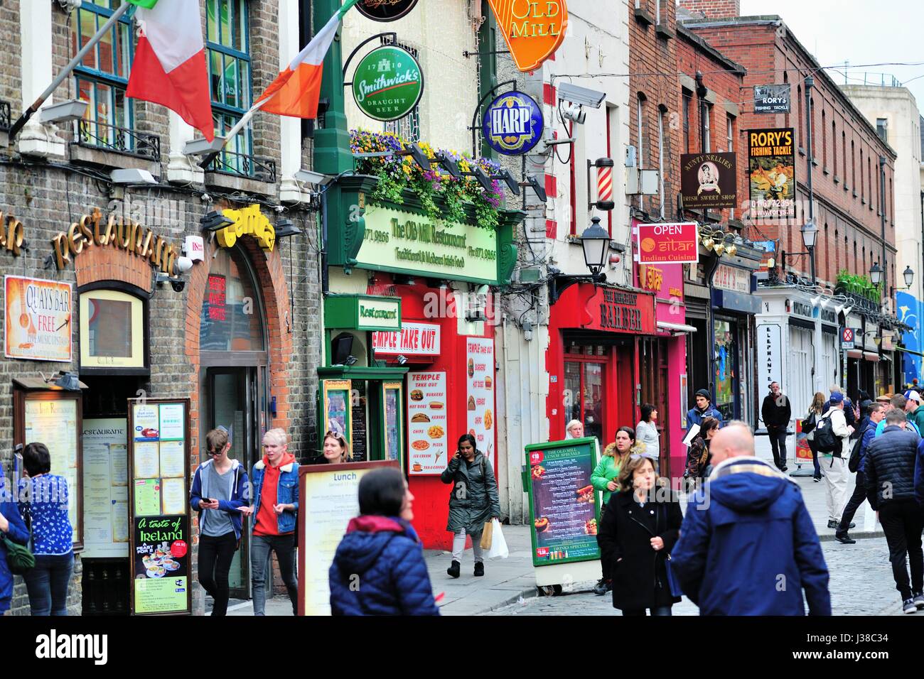 The colorful Temple Bar area in Dublin is an entertainment area for
