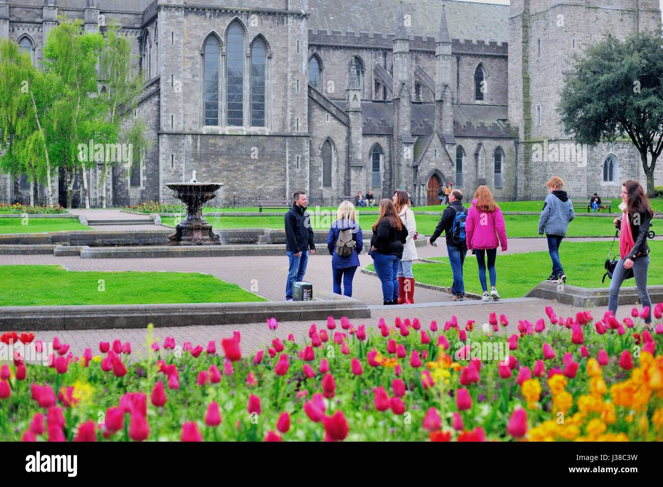 People mingle and interact at a park at St. Patrick's Cathedral in Dublin. The cathedral dates from 1254 to 1270. Dublin, Ireland. Stock Photo