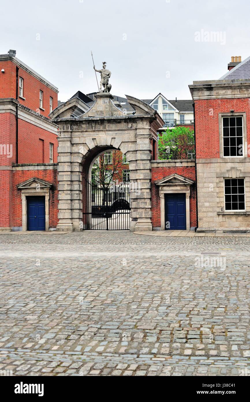 A gate and entry point at Dublin Castle. The castle was commissioned by England's King John in the 13th century. Dublin, Ireland. Stock Photo