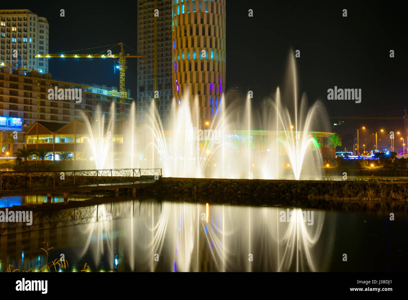 Batumi, Georgia - October 03, 2016: Dancing Fountains on Ardagani Lake. Light and musical fountains installed back in 2009 Stock Photo