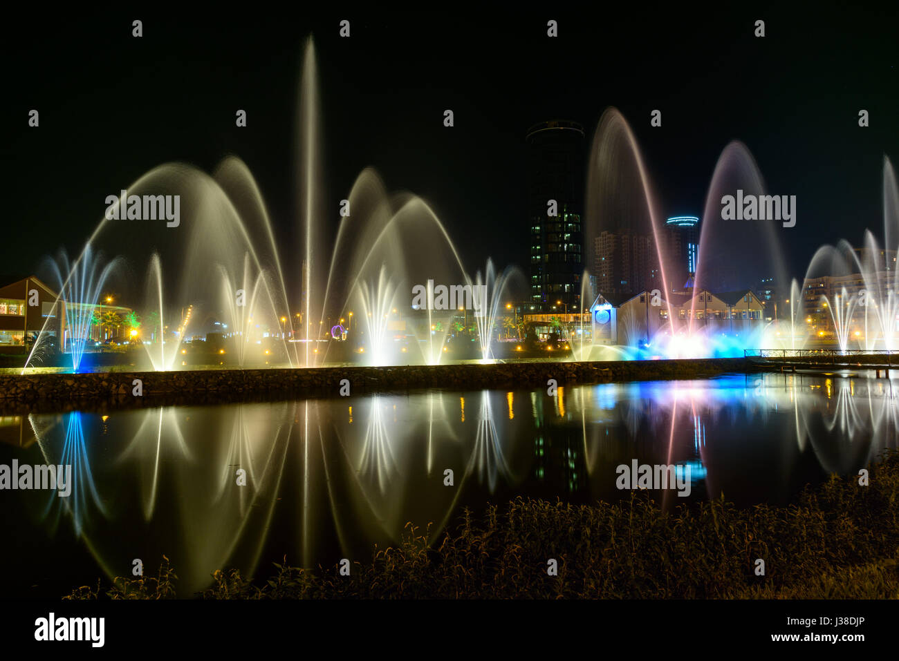 Batumi, Georgia - October 03, 2016: Dancing Fountains on Ardagani Lake. Light and musical fountains installed back in 2009 Stock Photo