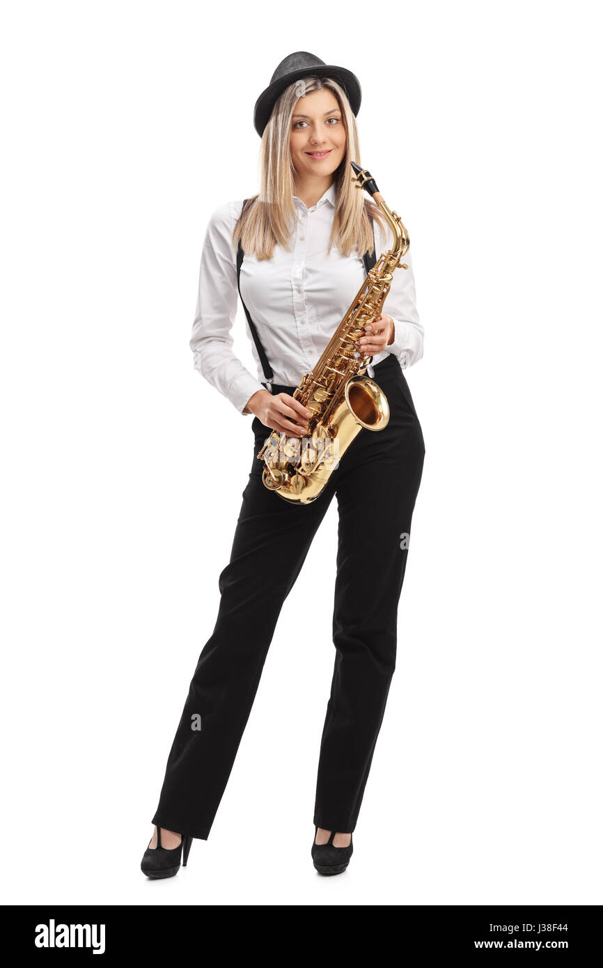 Full length portrait of a female jazz musician with a saxophone isolated on white background Stock Photo