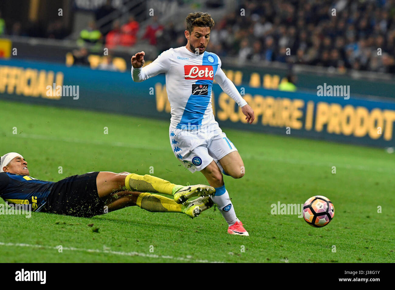Football players, Drives Meretens and Jeson Murillo, in action at the san siro stadium for the serie A match FC Internazionale vs Napoli, in Milan. Stock Photo
