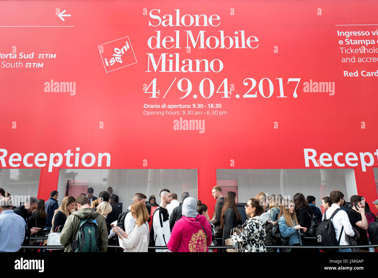 Entrance gate of the international Salone del Mobile at Rho Fiera, during the annual design week, in Milan, Italy. Stock Photo