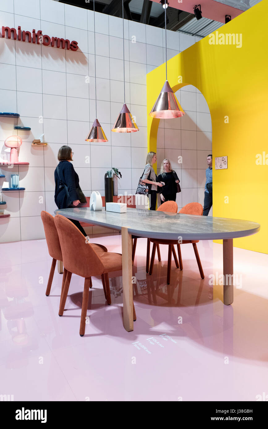 Design chairs displayed at the international design week fair Salone del Mobile, in Milan, Italy. Stock Photo