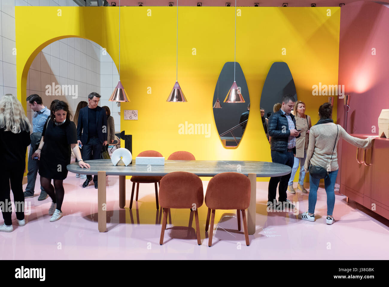 Design chairs displayed at the international design week fair Salone del Mobile, in Milan, Italy. Stock Photo