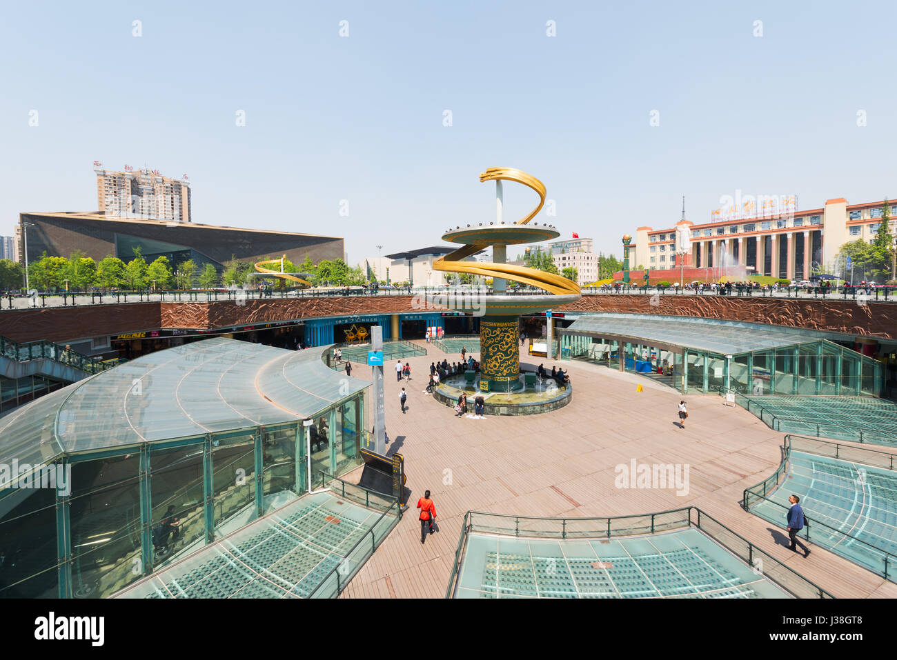 Chengdu, Sichuan Province, China - Apr 13, 2017: Tianfu square (Central place in Chengdu) with blue sky Stock Photo