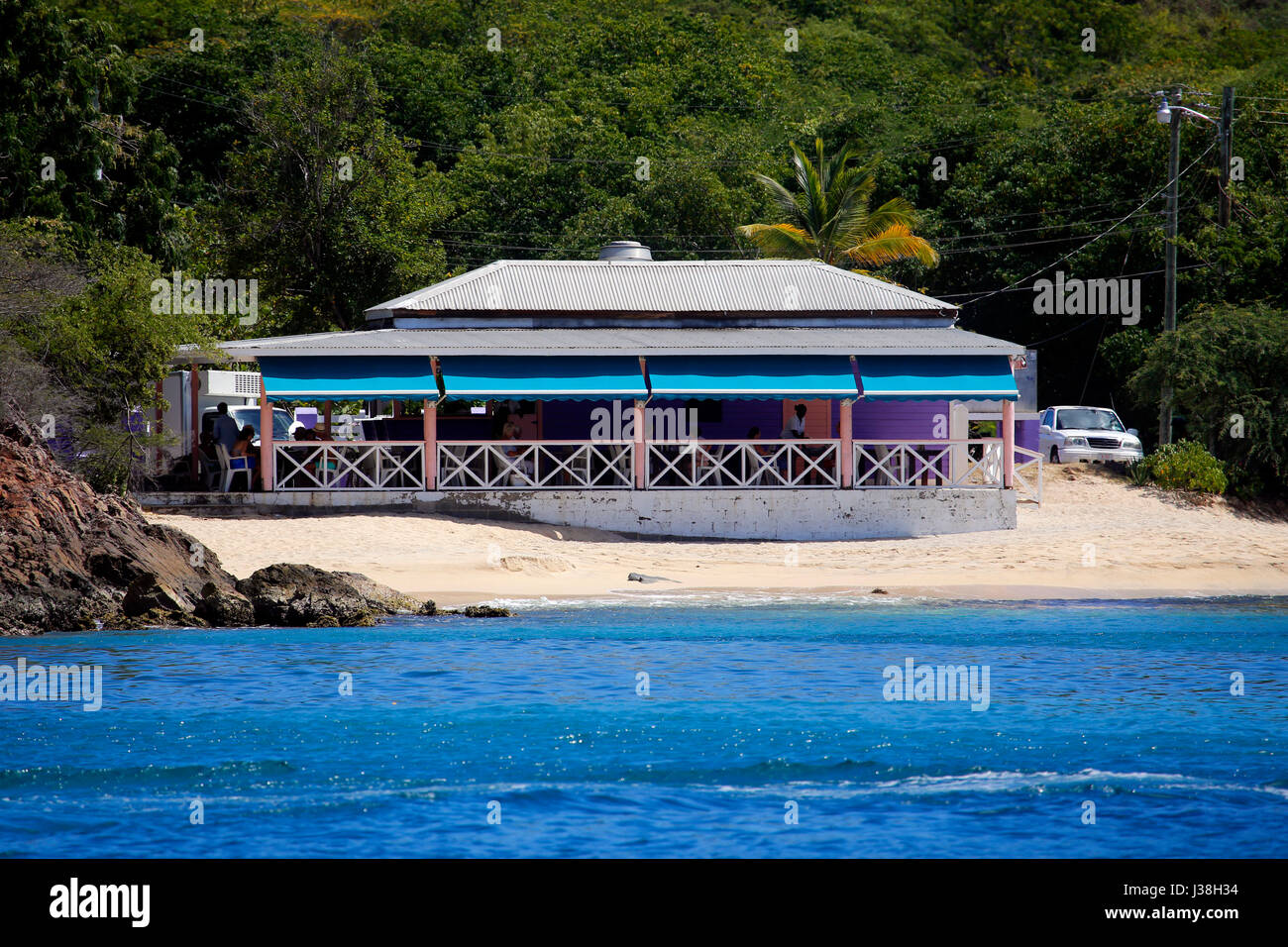 Beach cafe and bar at Pigeon Beach, Falmouth Harbour, Antigua Stock