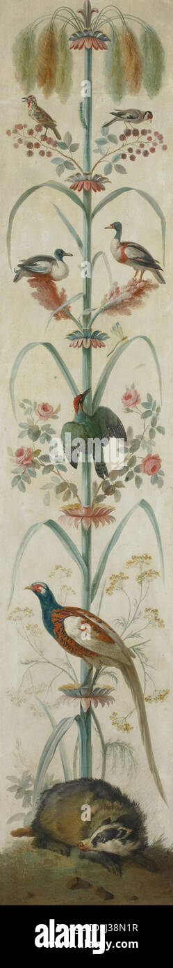 This decorative painting featuring plants and animals is housed in the Rijksmuseum in Amsterdam. The artwork showcases intricate botanical and zoological details, typical of the period's naturalistic style. Stock Photo
