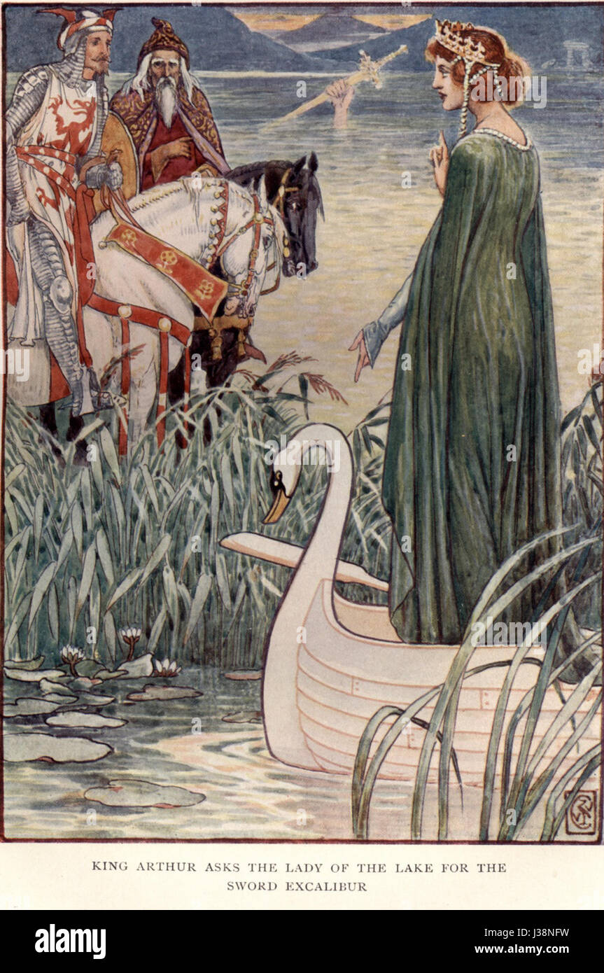 An artistic depiction of King Arthur asking the Lady of the Lake for the sword Excalibur, drawn by CRANE. This scene is based on Arthurian legend. Stock Photo
