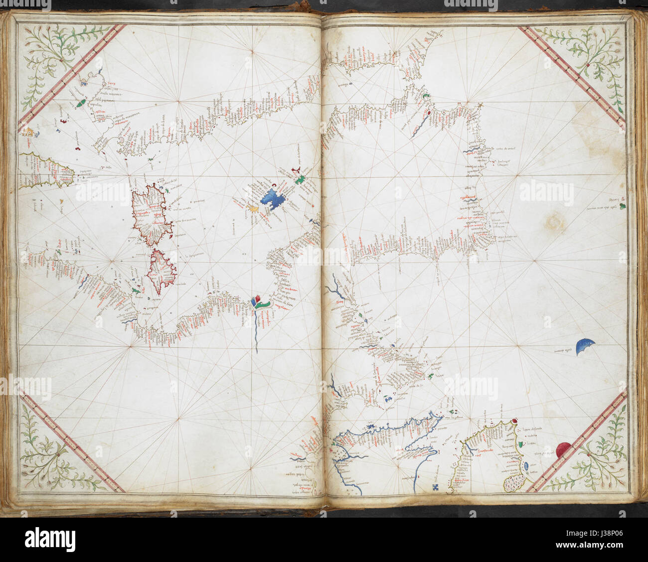 Chart of the western half of the Mediterranean, and the western coast of Europe with part of Britain and Ireland.  Cornaro Atlas (Egerton MS 73, f.11r) Stock Photo