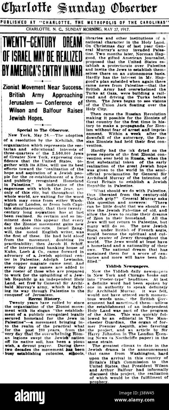 Charlotte Sunday Observer front page May 27 1917, Twenty Century Dream of Israel May Be Realized by America's Entry into War Stock Photo