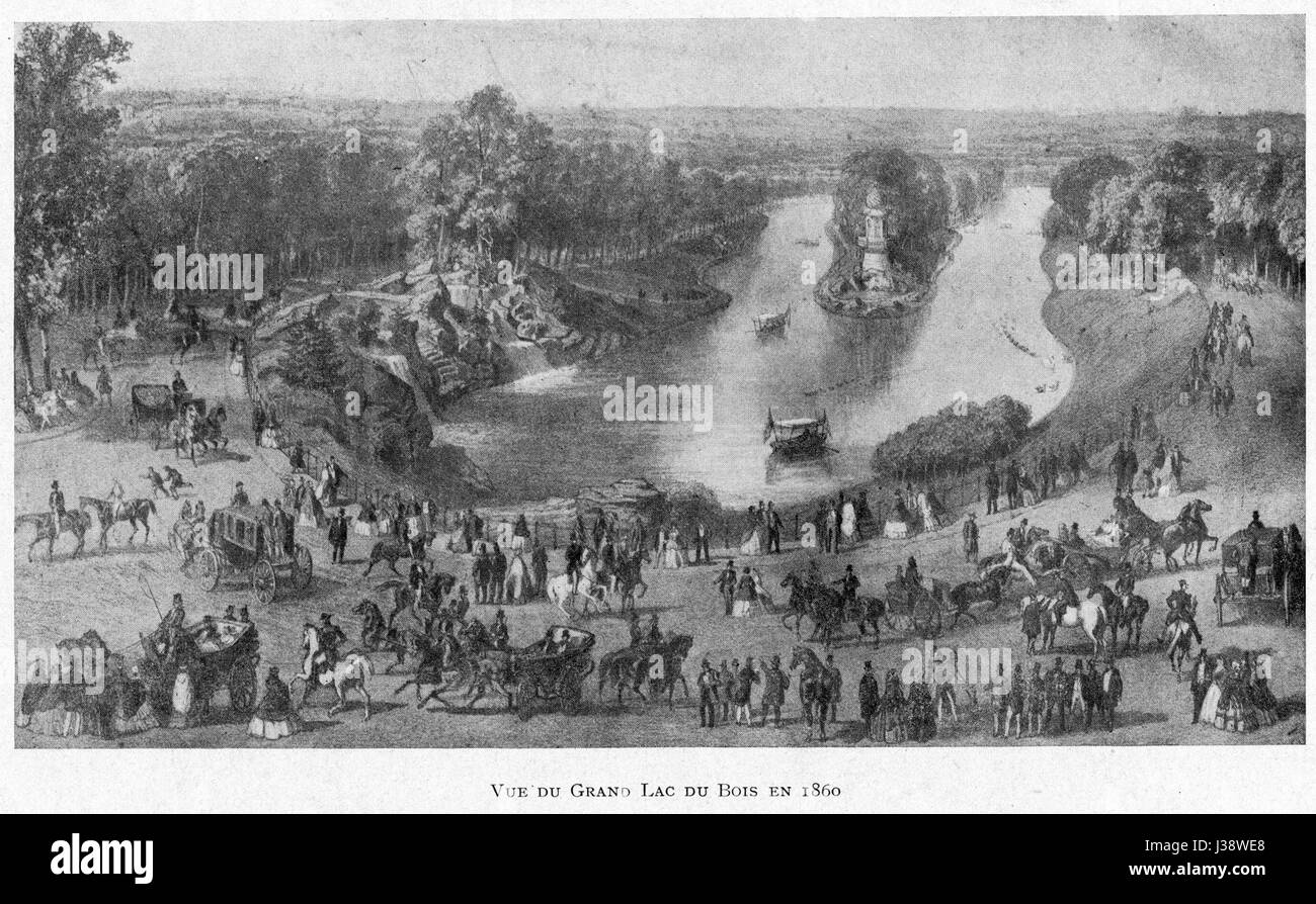 This image from 1860 depicts a view of the Grand Lac du Bois in the Bois de Boulogne, a large public park in Paris, France, known for its scenic lakes and historical significance. Stock Photo
