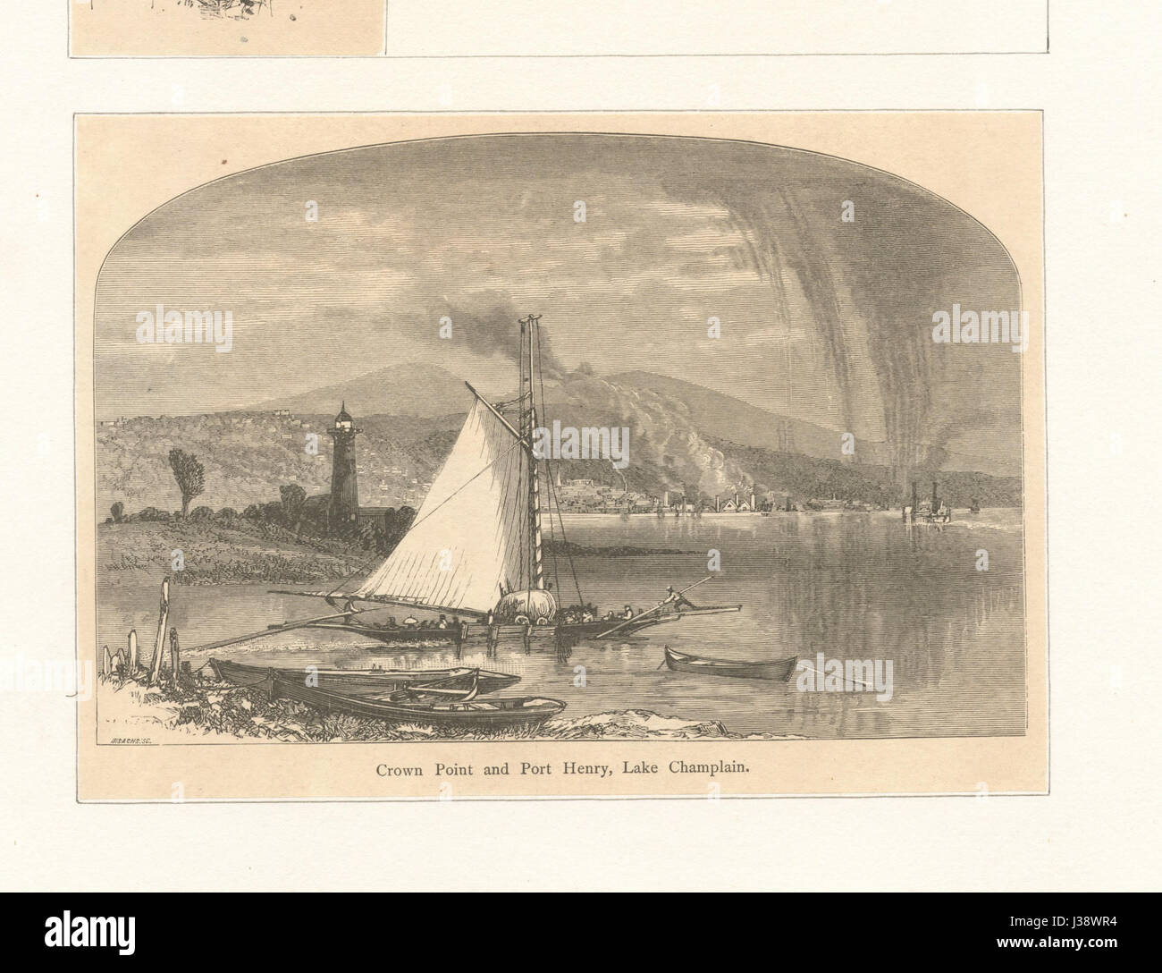 The image depicts the scenic views of Crown Point and Port Henry, situated along Lake Champlain. These areas are known for their historical significance and natural beauty, being key locations in the northeastern United States, offering picturesque landscapes and landmarks along the lake. Stock Photo