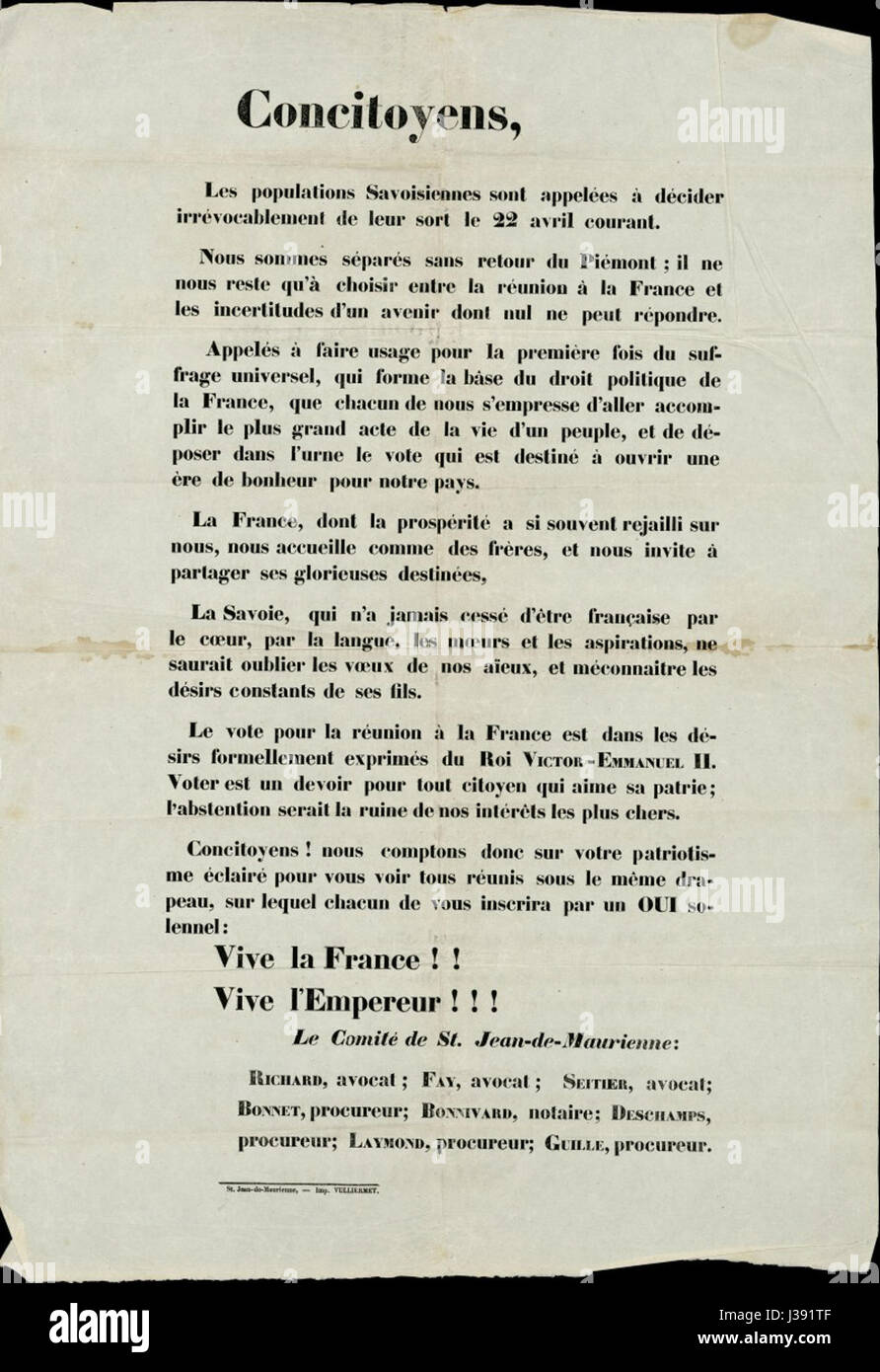 'Concitoyens' translates to 'Fellow Citizens,' and 'Savoie' refers to the historical region in France. The reference is likely to a document or letter from 1860, addressing the citizens of Savoie in the context of French history. Stock Photo