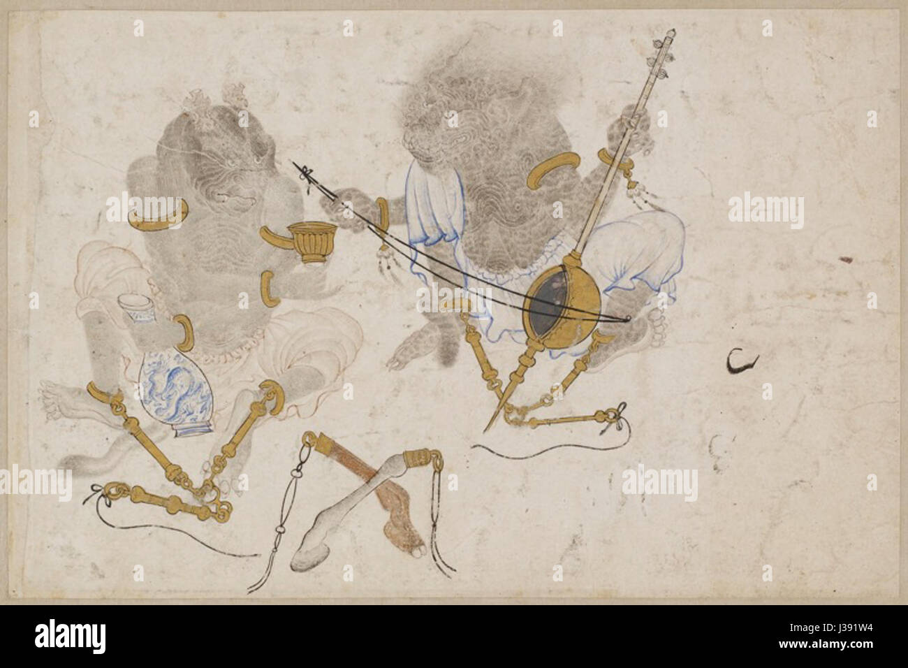 This artistic portrayal depicts demons with a kamancha, a traditional ...