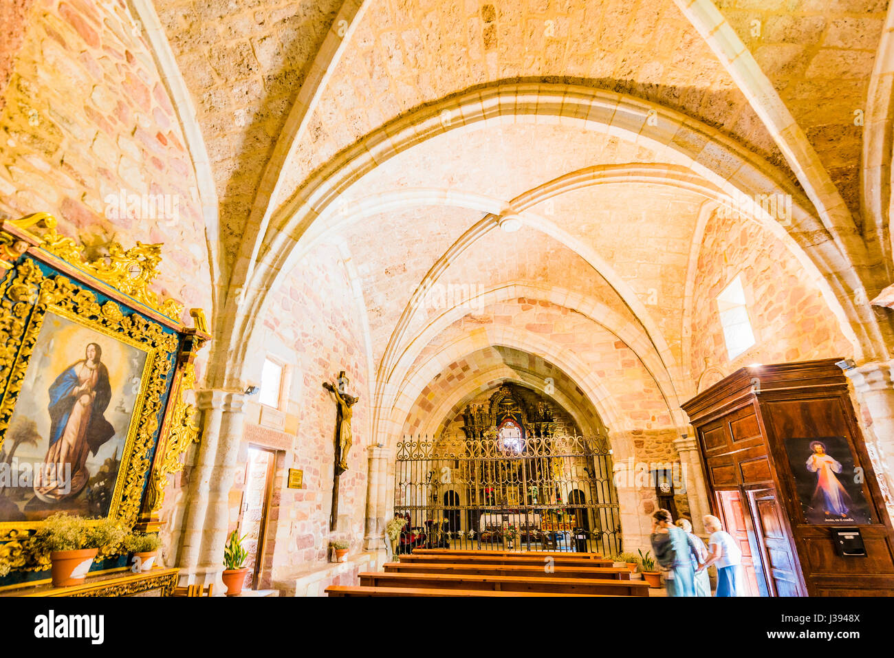 Interior, nave. Sanctuary of the Virgen de la Hoz is a Catholic church located in the village of Ventosa, Corduente, Guadalajara, Spain, Europe Stock Photo