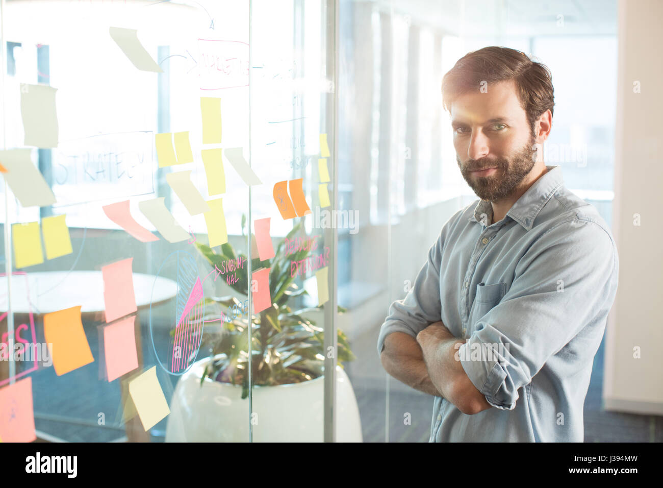 Portrait of young businessman with arms crossed standing by strategy on ...