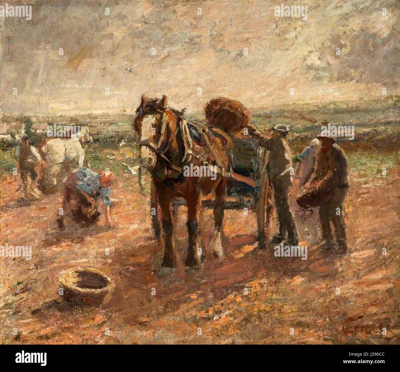 A painting by Harry Fidler titled 'Clearing the Potato Field,' depicting agricultural workers clearing a field in rural England. Stock Photo