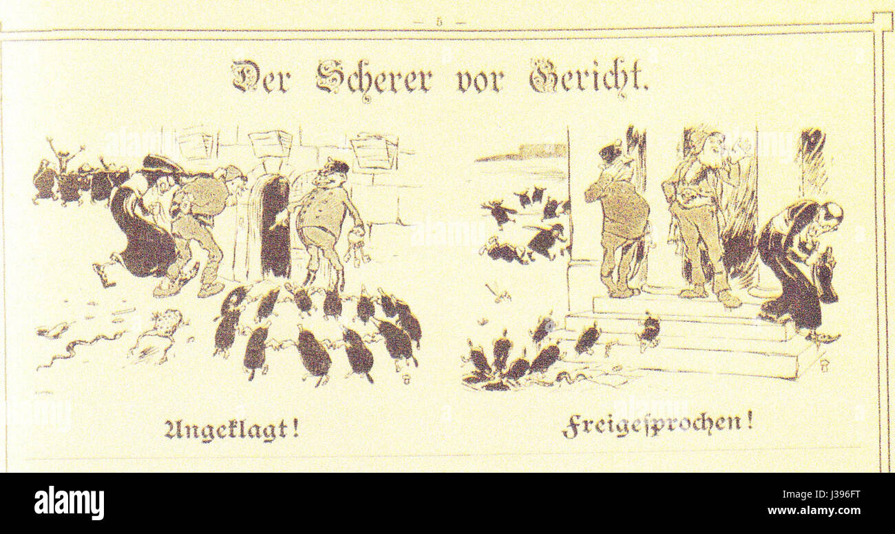 *Der Scherer vor Gericht* is a caricature depicting the trial of Scherer, emphasizing the satirical nature of the event and its political undertones in the historical context of the trial. Stock Photo