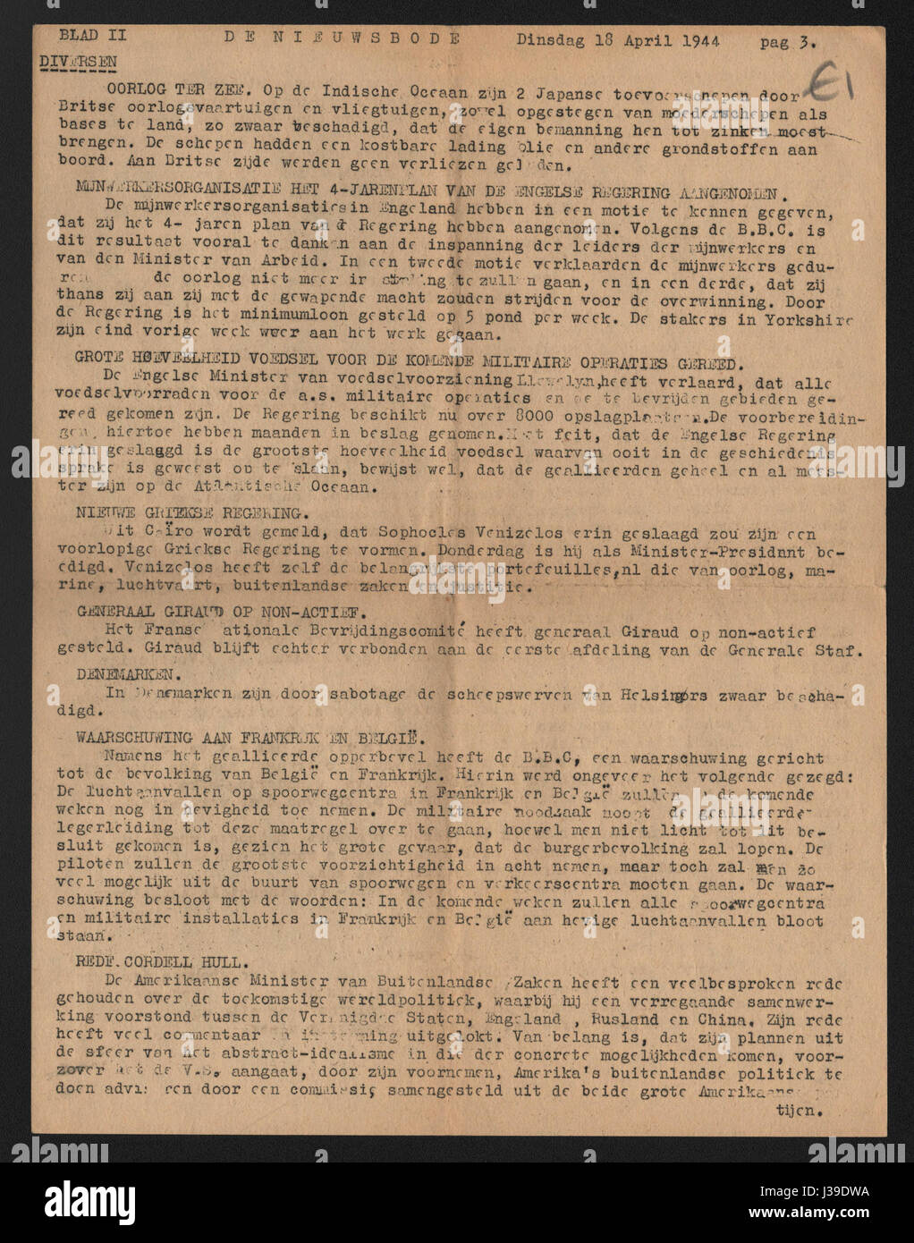 De Nieuwsbode, Orgaan van de vrije pers, 18 April 1944, page3 Stock Photo