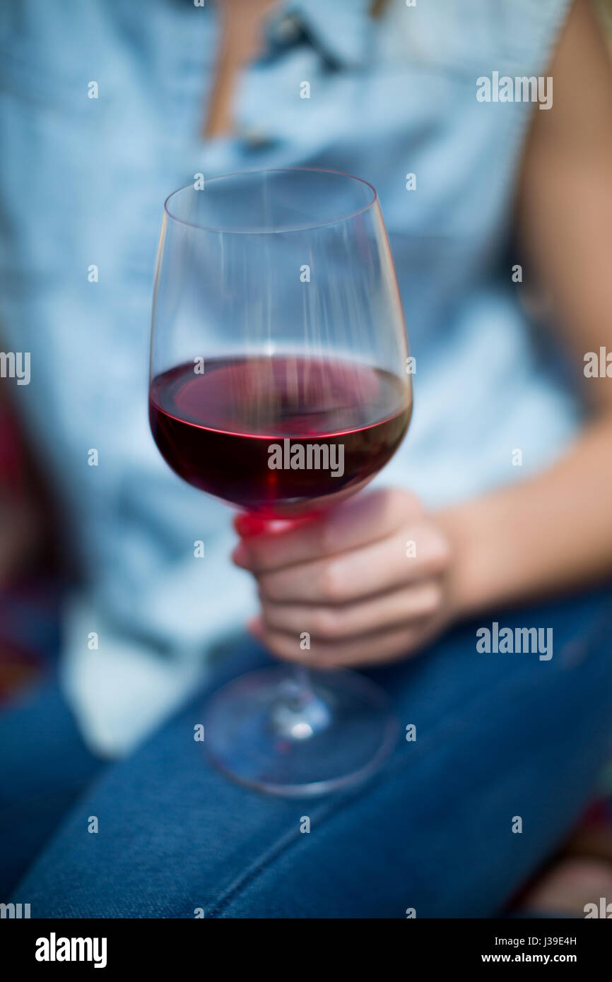 Mid section of woman holding red wine glass Stock Photo - Alamy