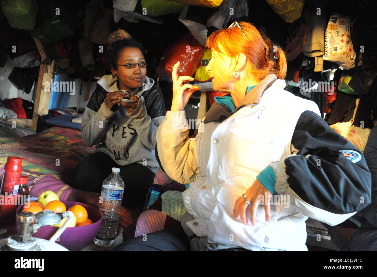 Reportage on volunteers with the french charity, gynecologists without borders who work in refugee camps near calais in the north of france. midwives. Stock Photo