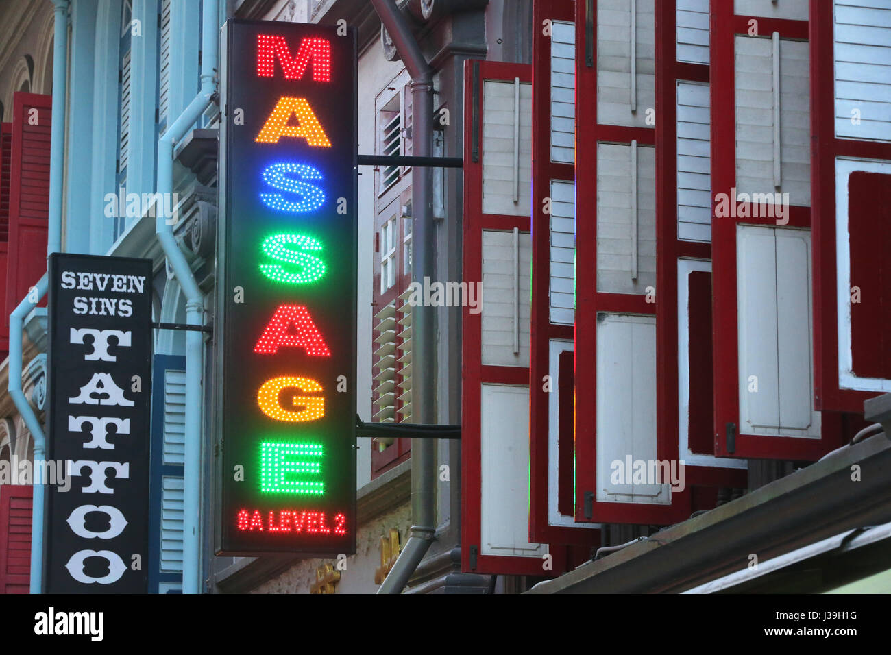 Colourful colonial architecture. chinatown. singapore. massage Stock