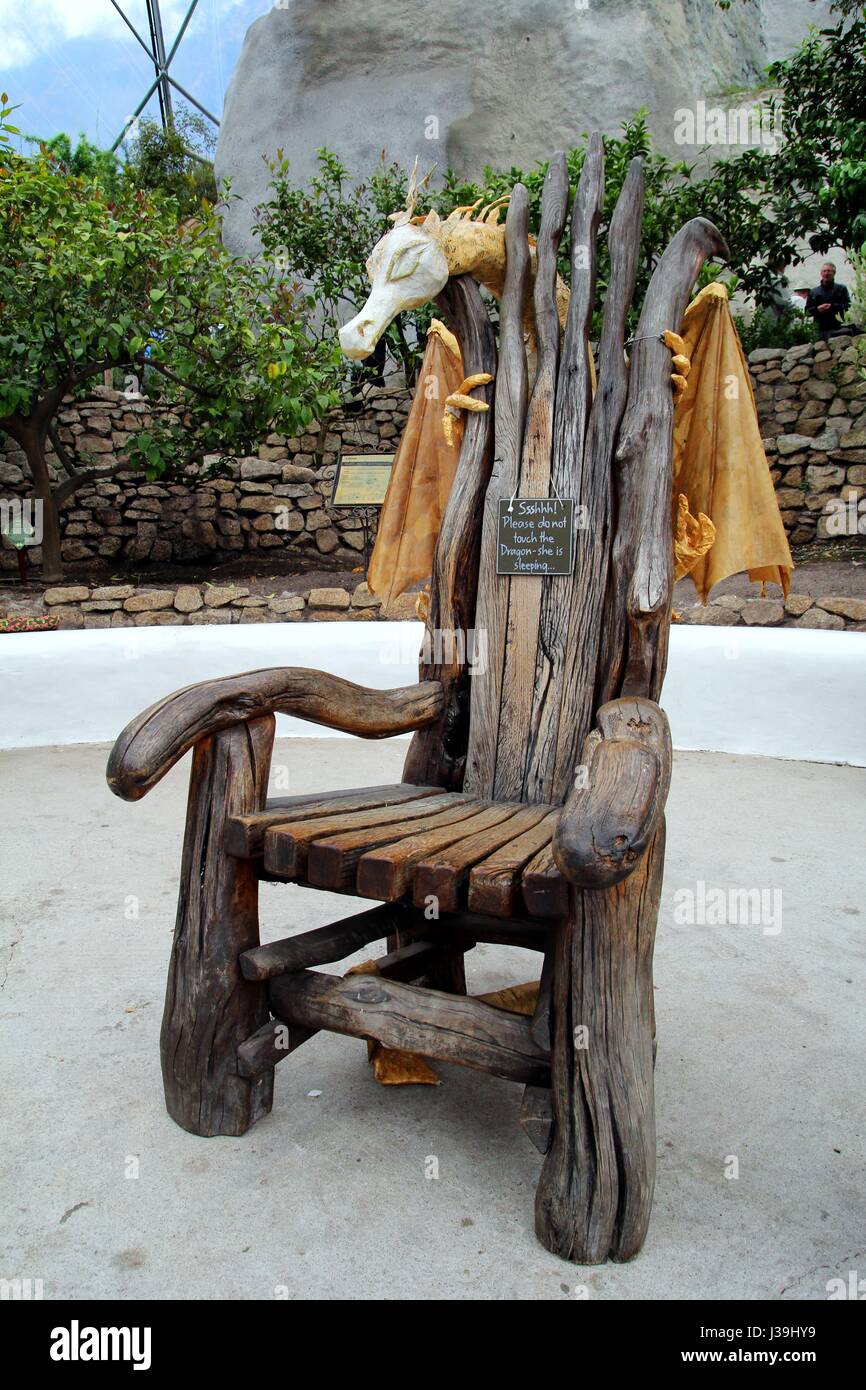 Bodelva, Cornwall, UK - April 4 2017: The story telling chair with dragon at the Eden Project in Cornwall England Stock Photo