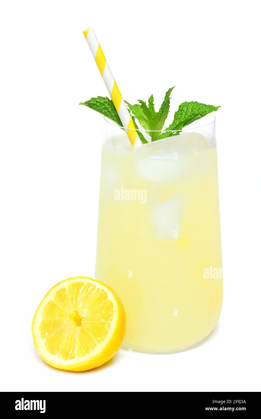 Glass of summer lemonade with mint and straw isolated on a white background Stock Photo