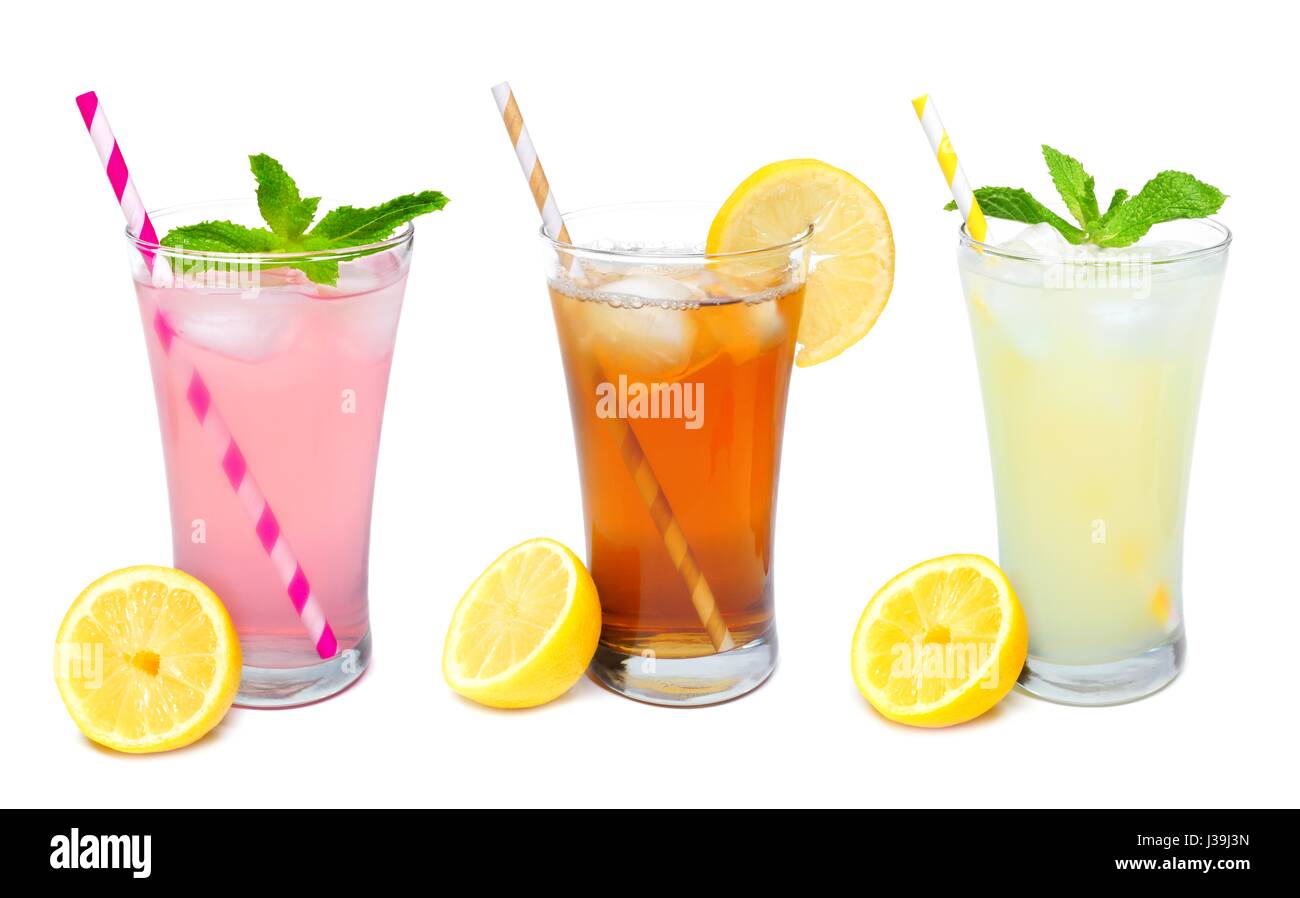 Three glasses of summer lemonade, iced tea, and pink lemonade drinks