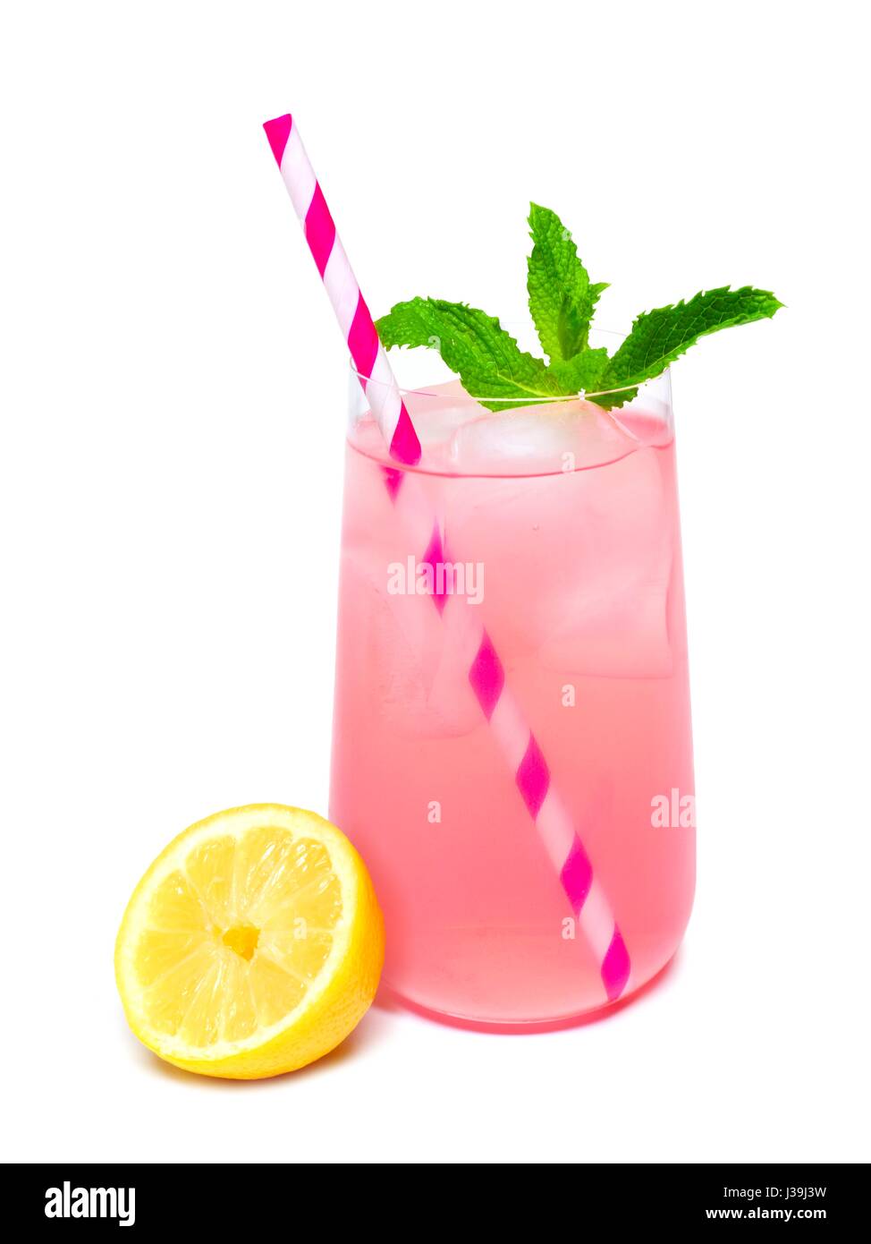 Glass of summer pink lemonade with mint and straw isolated on a white background Stock Photo