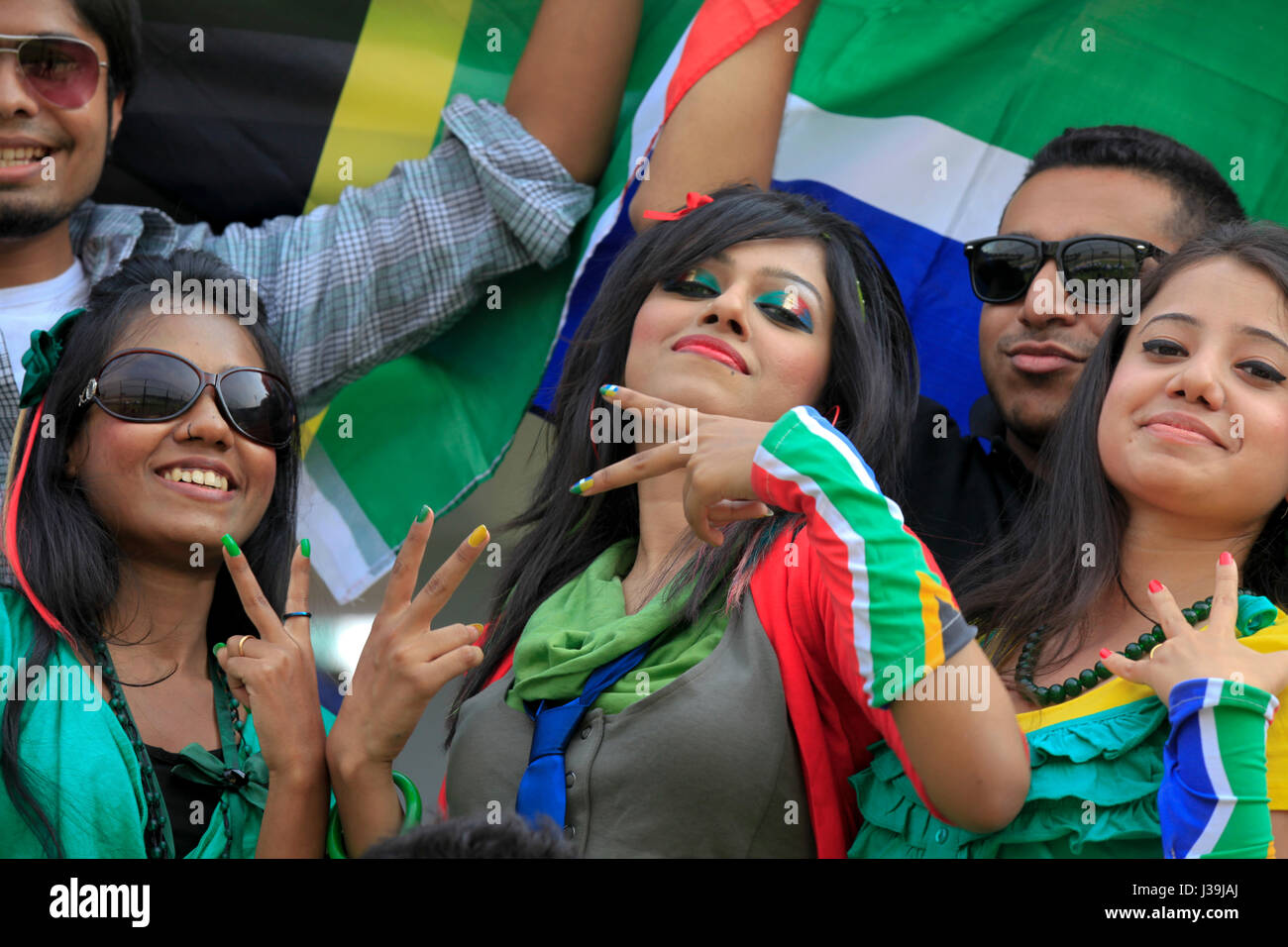 Jubilant cricket fans during the match of the 10th ICC Cricket World Cup at Sher –E- Bangla National Cricket Stadium. Dhaka, Bangladesh. Stock Photo