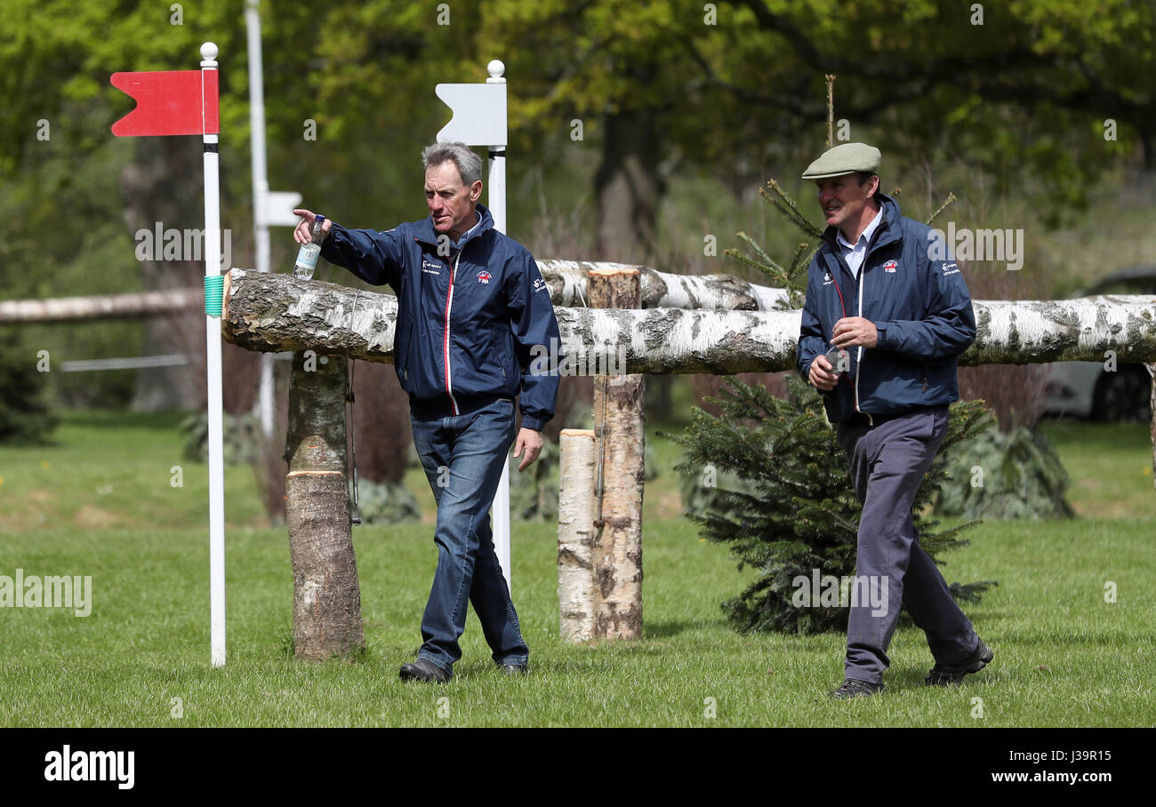 British Eventing Performance Coach Chris Bartle (left) and performance manager Richard Waygood (right) inspect jump 10 of the cross country course during day one of the 2017 Badminton Horse Trials. PRESS ASSOCIATION Photo. Picture date: Wednesday May 3, 2017. See PA story EQUESTRIAN Badminton. Photo credit should read: Andrew Matthews/PA Wire Stock Photo