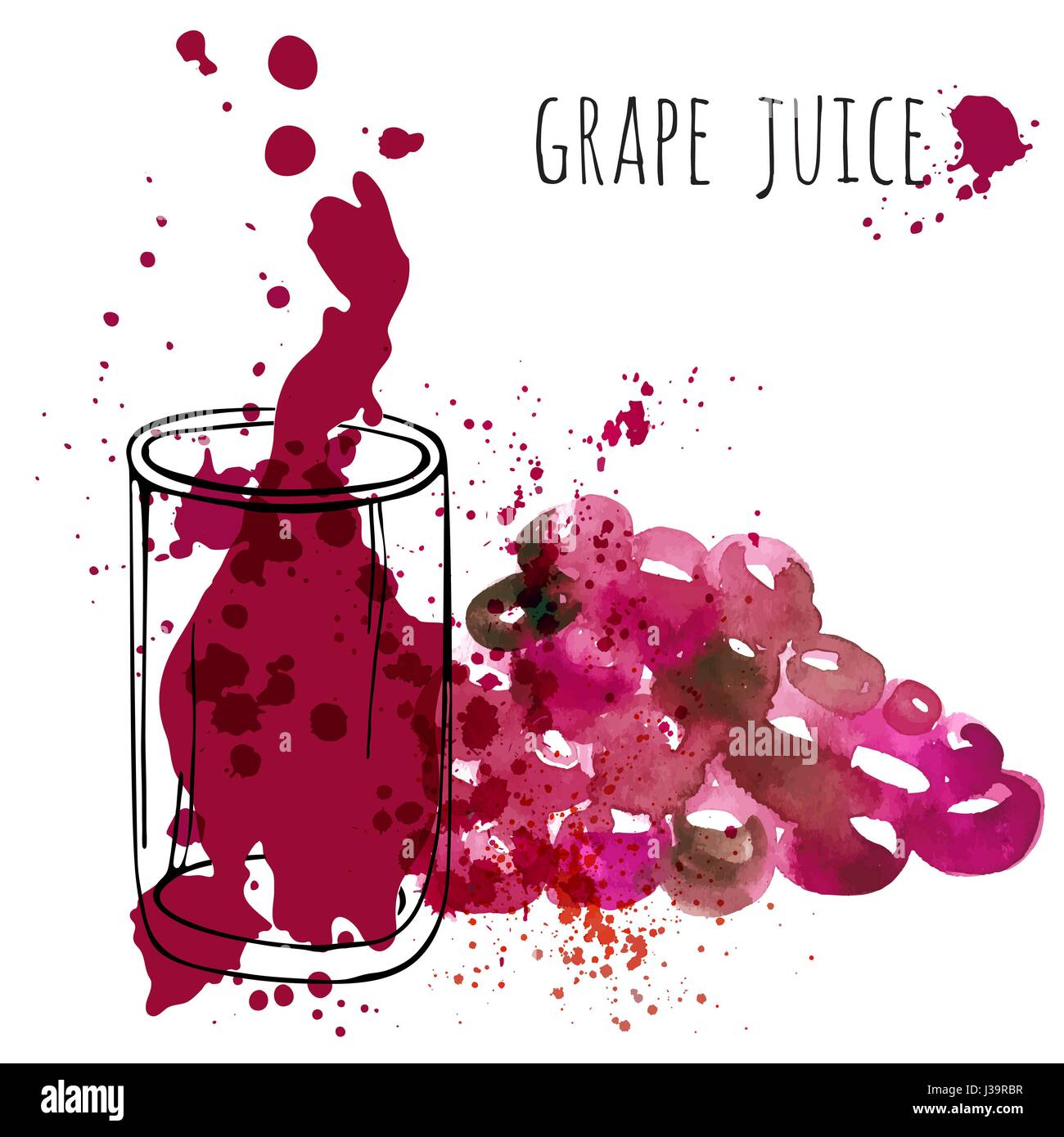 Grape juice in glass and grapevine vector illustration. Watercolor