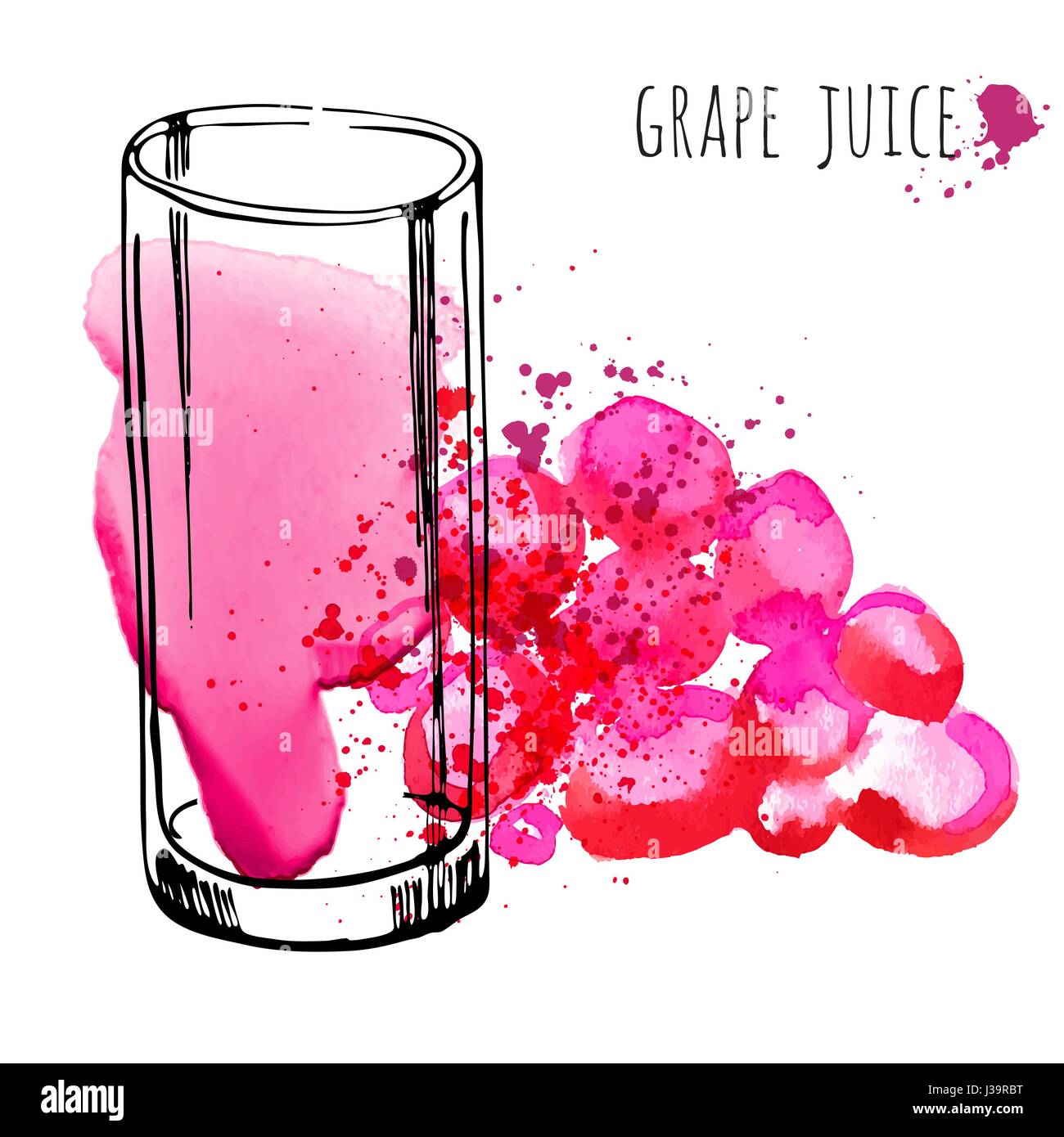 Grape juice in glass and grapevine vector illustration. Watercolor