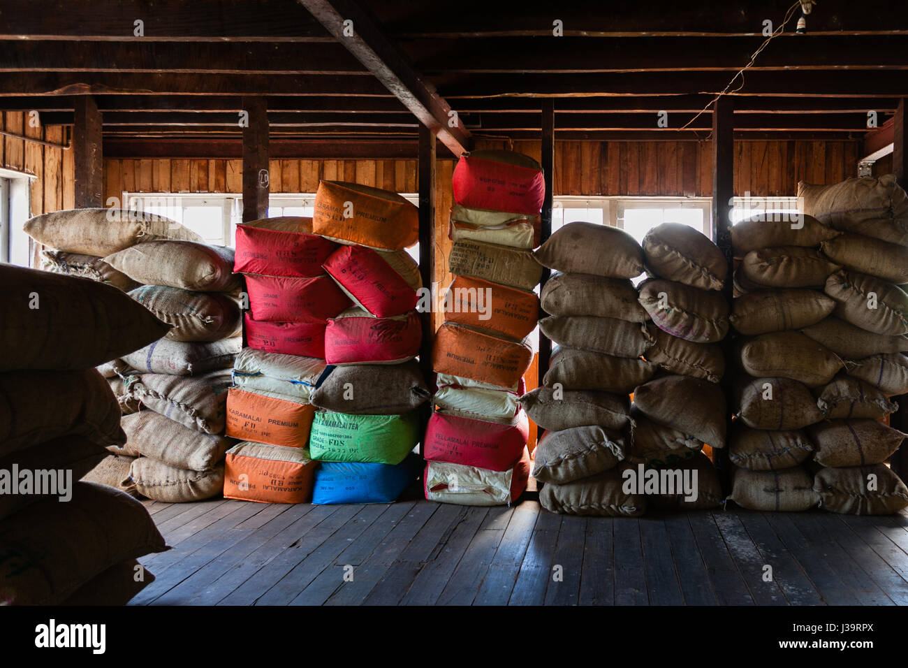 Packed bags of tea ready for export, Munnar, India Stock Photo